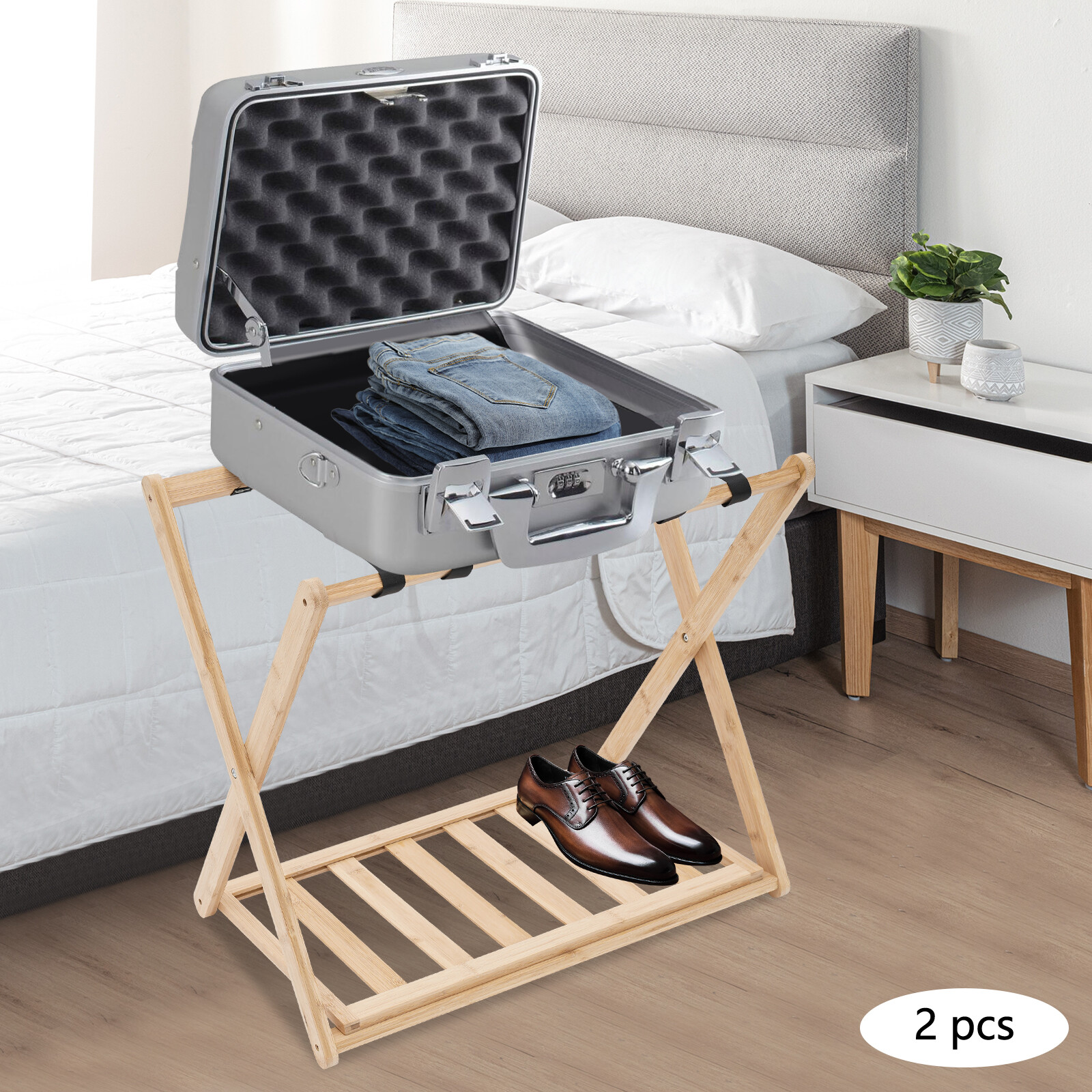 2 Pack Bamboo Luggage Rack 25" Folding Wide Suitcase Stand with Storage Shelf