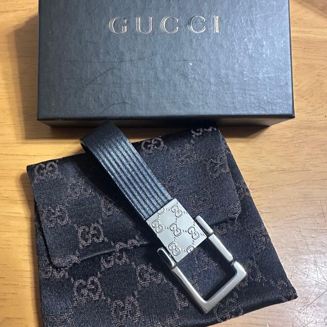 Gucci Keychain Key Ring GG Pattern Leather Silver Black