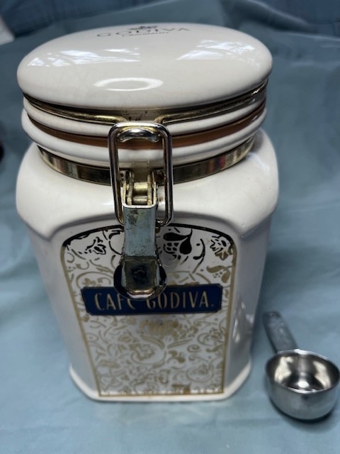 Vintage 8" tall Cafe Godiva White Ceramic Canister Jar with measuring spoon