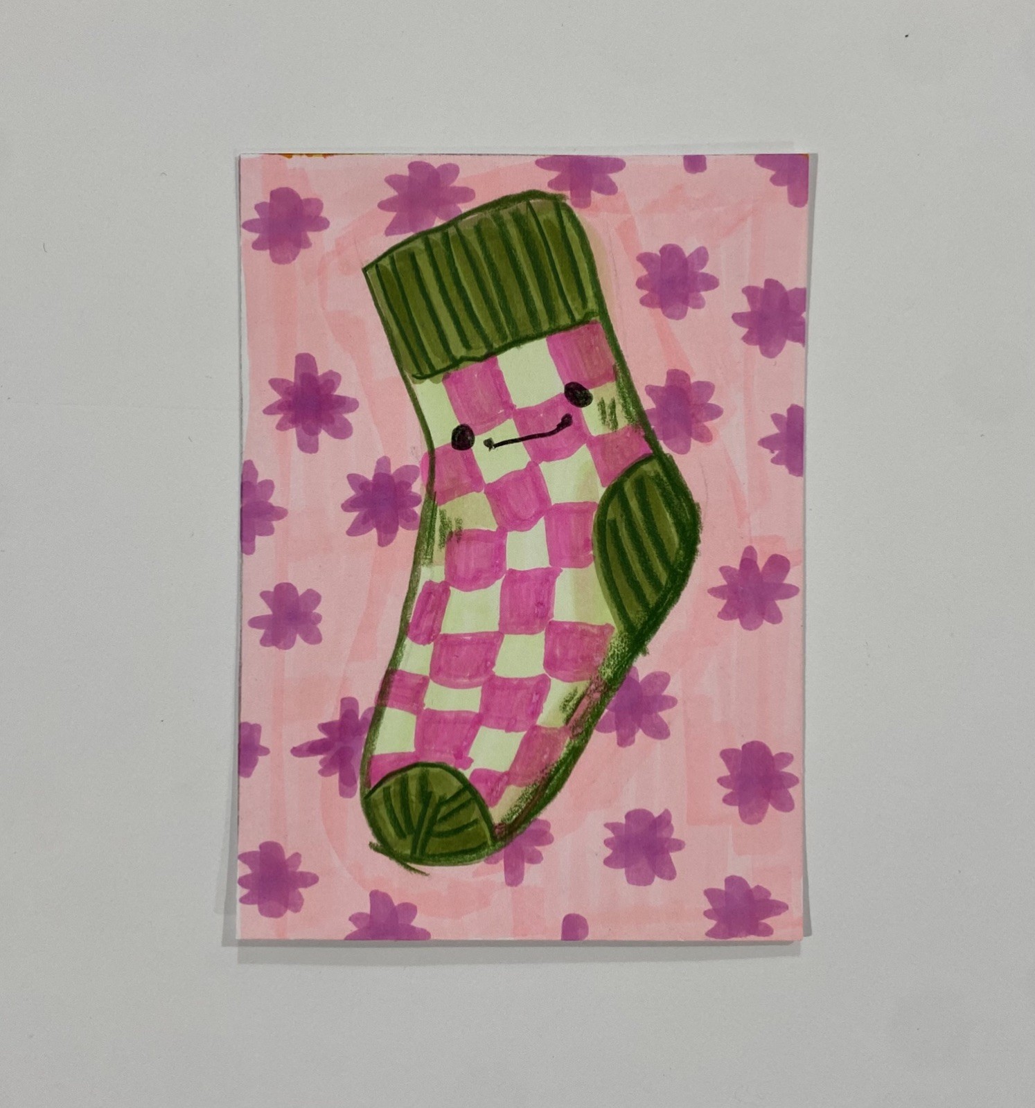 aceo original smiling sock 2/5 checkers primrose.art.cards