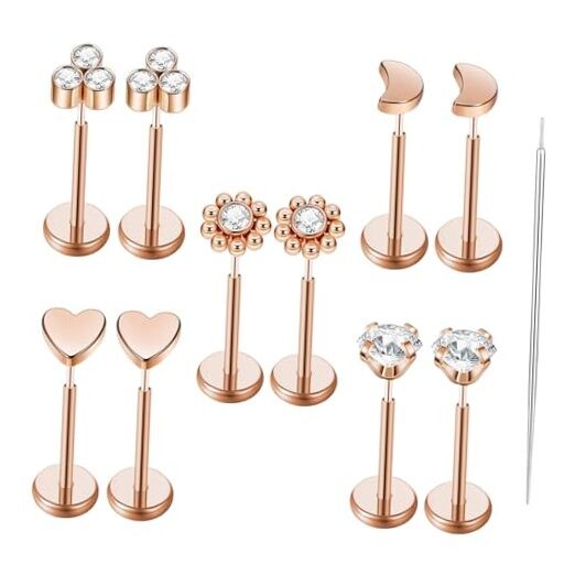  10pcs 20G/18G/16G Threadless Push-in Tragus Conch Cartilage 20G Rose Gold 8mm