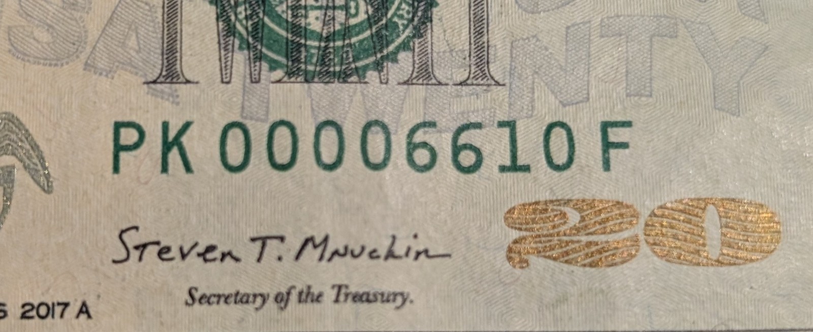 2017-A-$20.00 Lower Serial Number Trianary Twenty Dollar Bill Fancy Serial Numbe