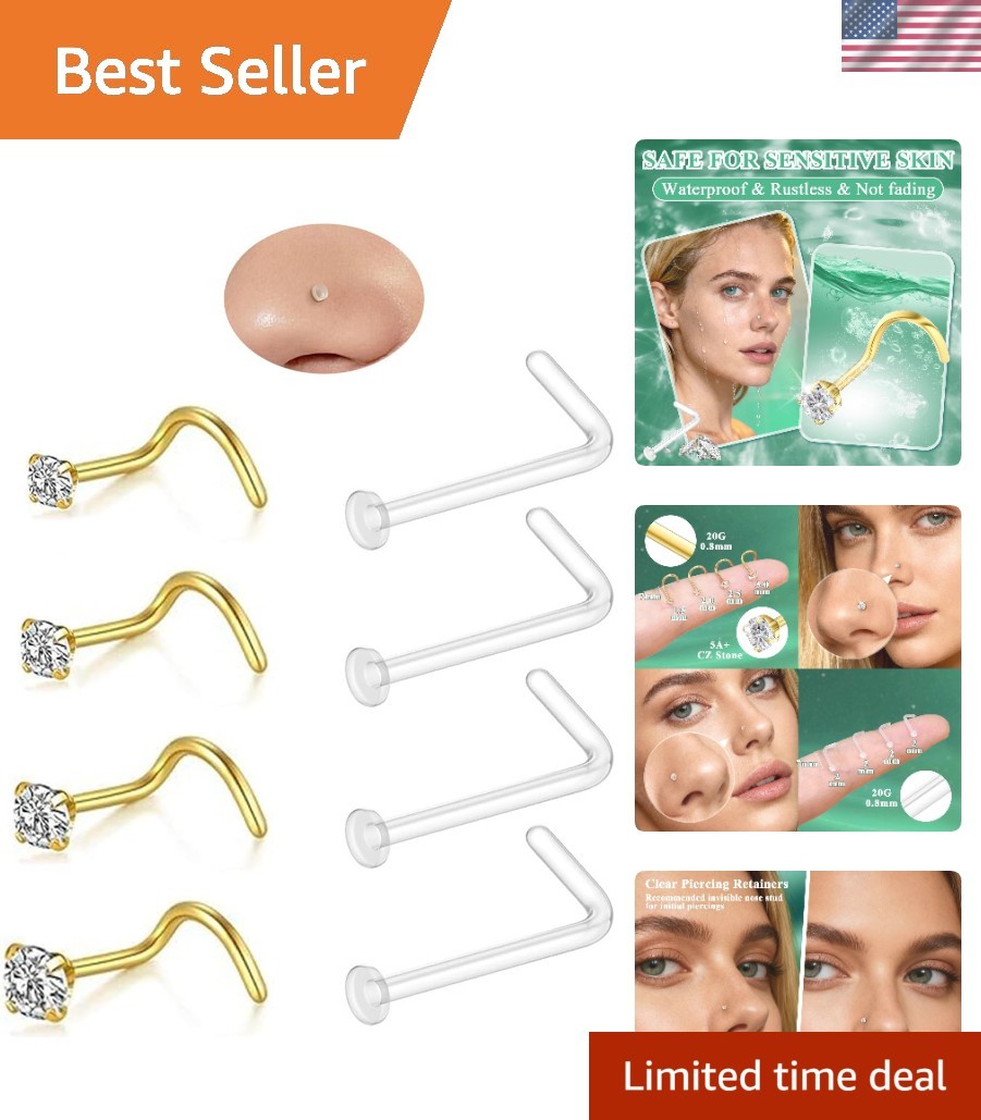 Hypoallergenic 8Pcs 20G Nose Ring Studs for Women, Gold/Silver 316L Surgical ...