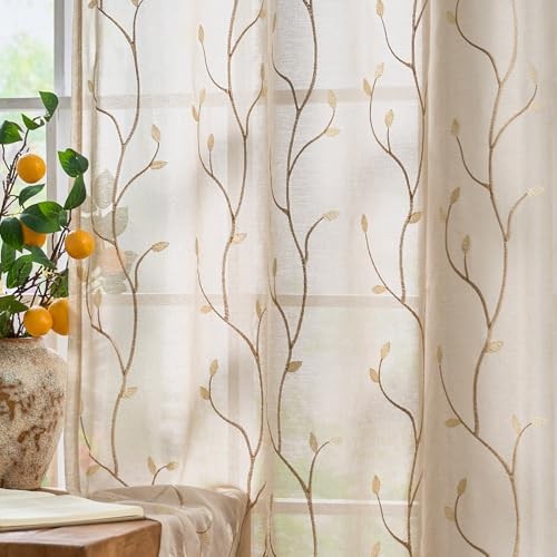  Sheer Curtains for Bedroom 84 Inch 55"W x 84"L (Pack of 2) Vine Grommet Beige