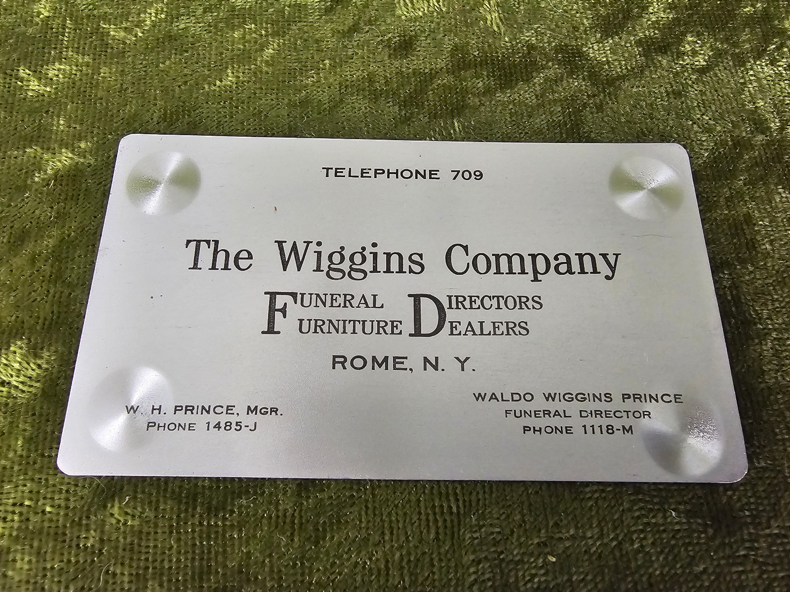 Metal Funeral Director / Furniture Dealer Business Card 1920s NOS