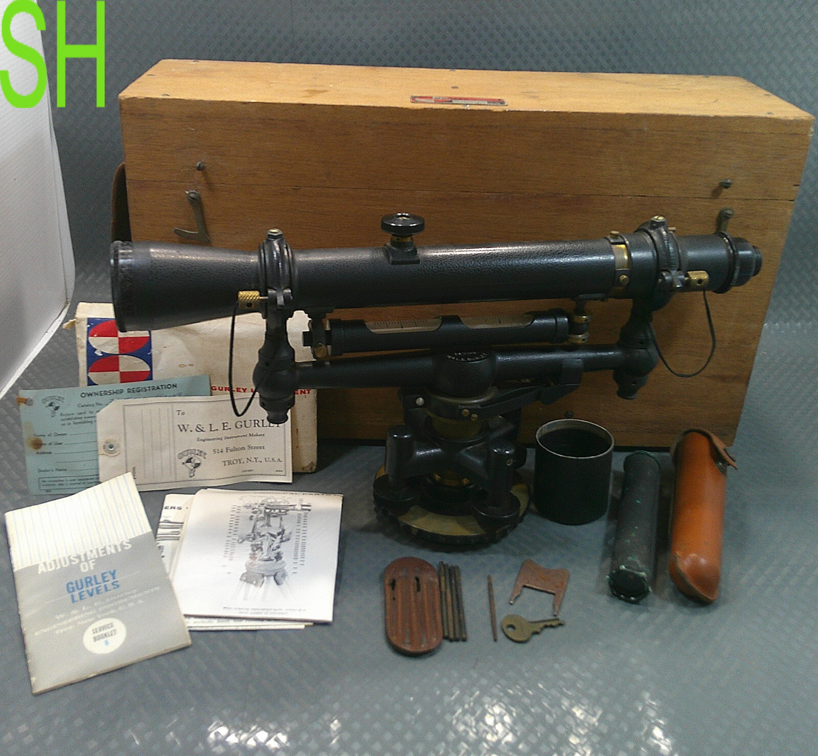 Vintage Gurley Wye Level 375 Engineer Survey Equipment Original Case Papers MORE