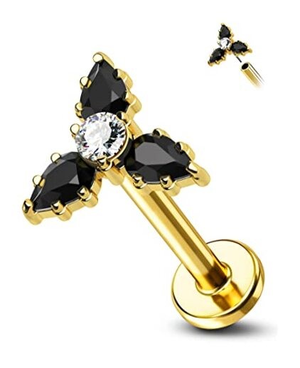  G23 Titanium 16g Flat Back Helix Tragus Earring Stud - Gold Black Triple 