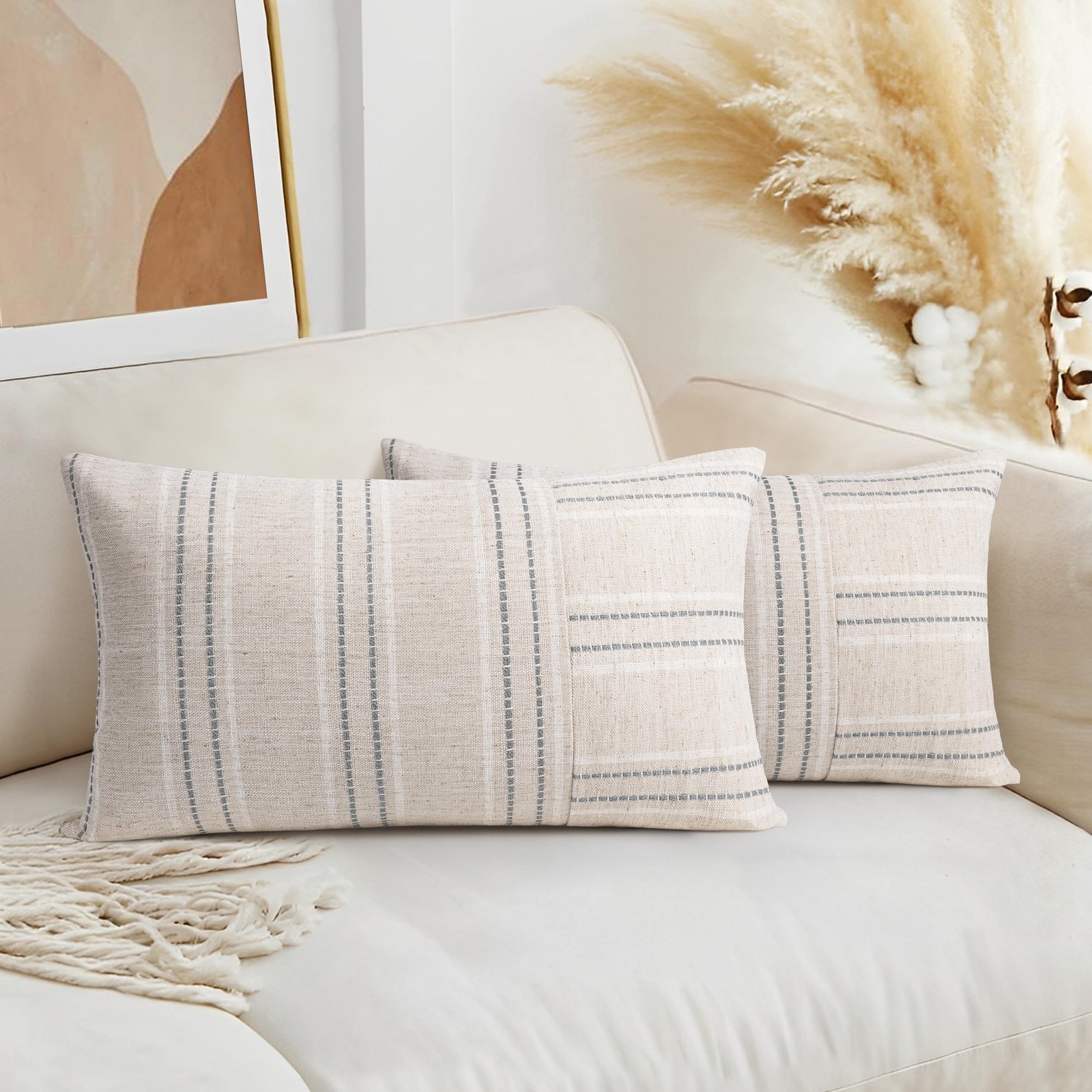 AELS 12x20 Decorative Farmhouse Linen Throw Pillow Covers, Boho Rectangle Lum...