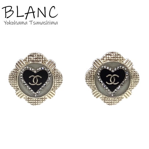 CHANEL Coco Mark Rhinestones Heart Earrings Resin Gold Black D21A CHANEL BLANC