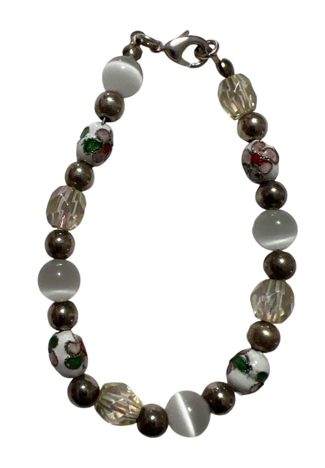 Handmade Beaded Bracelet With Cloisonné Floral Beads White & Gold Accents 7 Inch