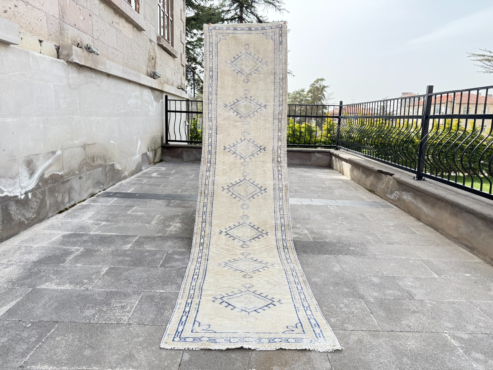 Antique 2.5x10.6 Turkish Runner | Minimalist Blue Diamond Pattern | Low Pile