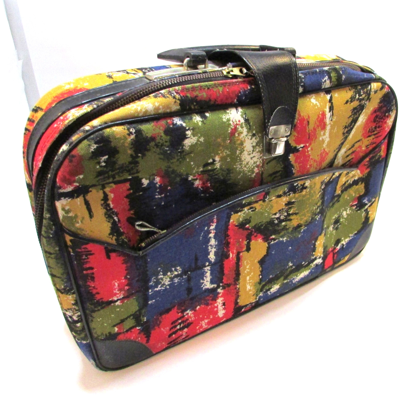 Vintage 1960s Japan Hippie Mod Color Canvas Fabric Briefcase Satchel Travel Bag