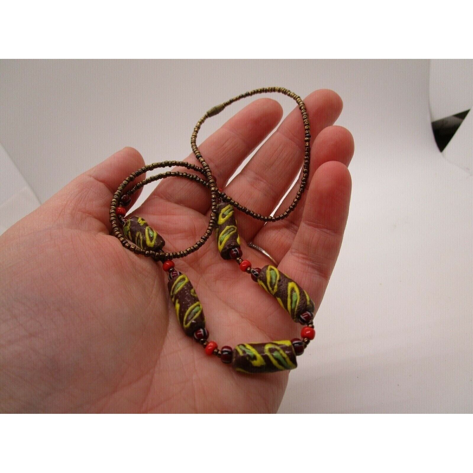 African Trade Beaded Necklace with Chocolate Colored Seed Beads, 16"