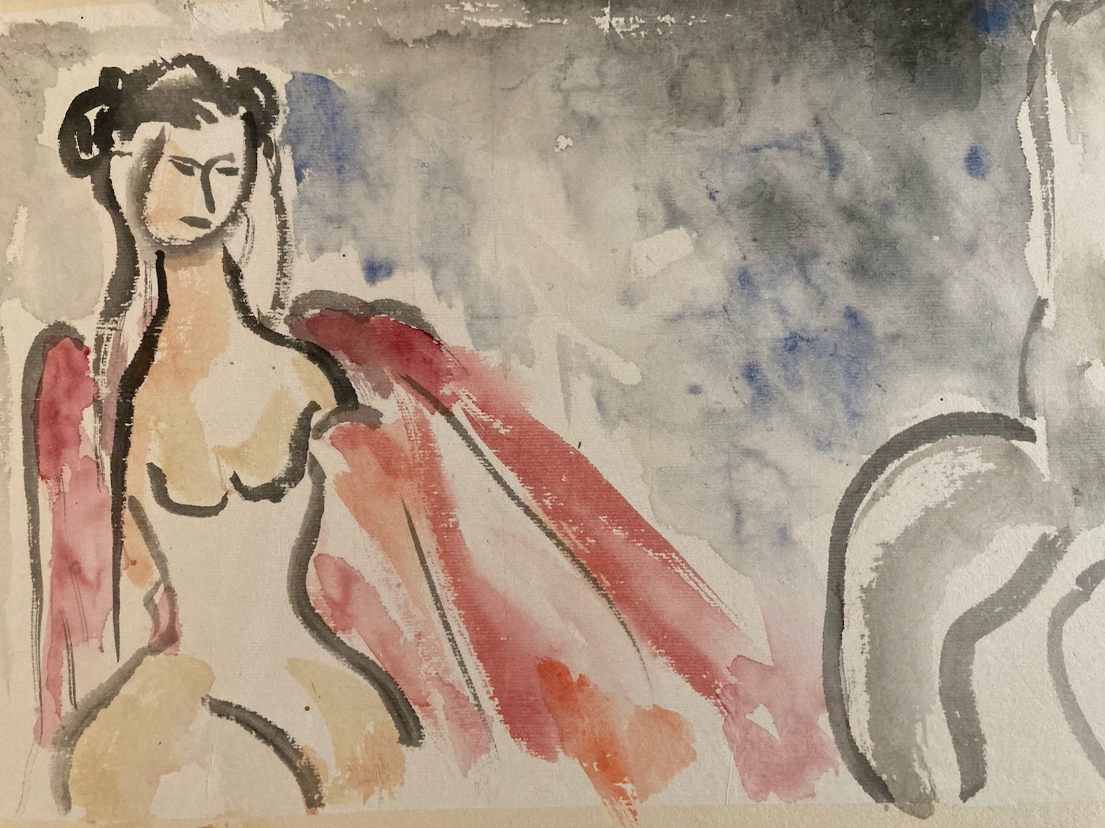 Watercolor Paper Painting Portrait Woman Expressionist Expressionism 1960