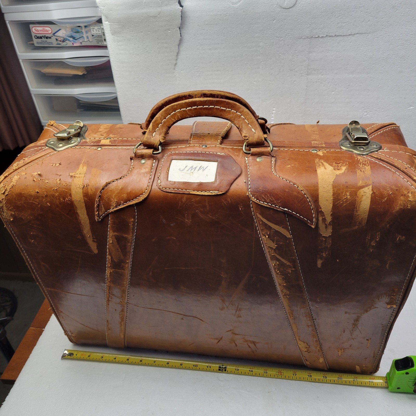 Vintage Shabby Distressed Mid Century Leather Briefcase Suitcase Luggage Display