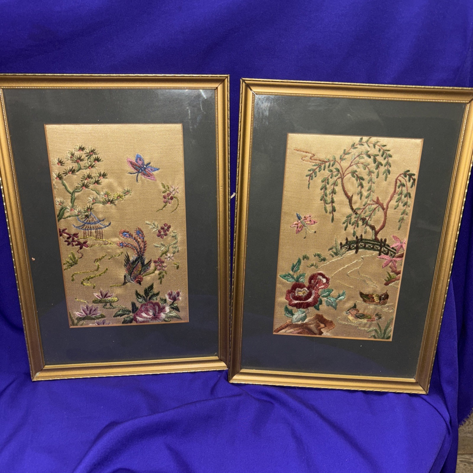 Butterflies & Flowers VINTAGE CHINESE Silk Embroidery  Art Pair Tapestry FRAMED 