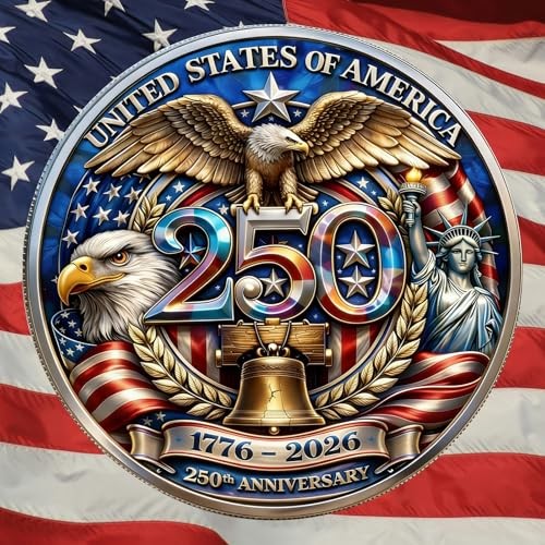 America 250th Anniversary Commemorative Coin, Patriotic Symbols, Collectible