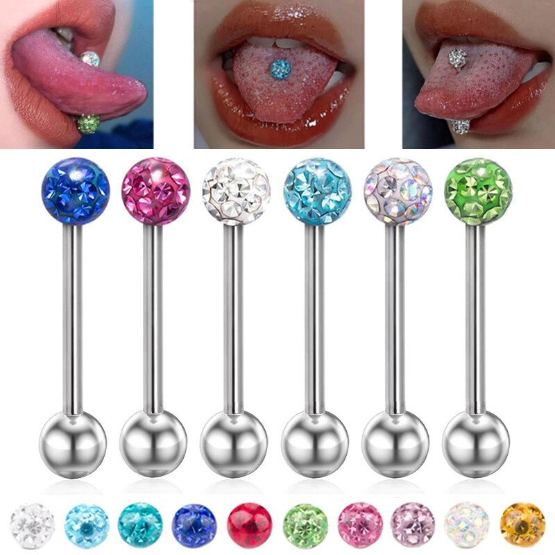 6pc Set Tongue Barbell Nipple Ring CZ Crystal Gem Steel Ball Bar Stud 16/19/22mm