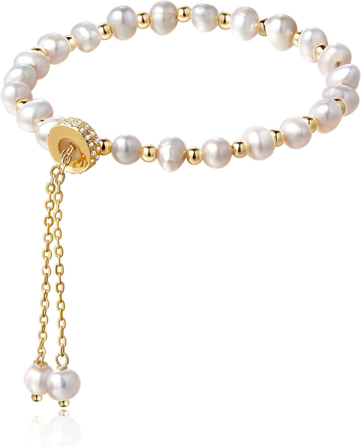Pearl Bracelets for Women - Dainty 14K Gold Plated Beaded Pearl Link Chain Birth