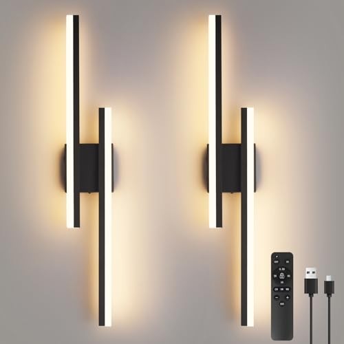 Modern Battery Operated Wall Sconce Set of 2,Dimmable Rechargeable Indoor Black