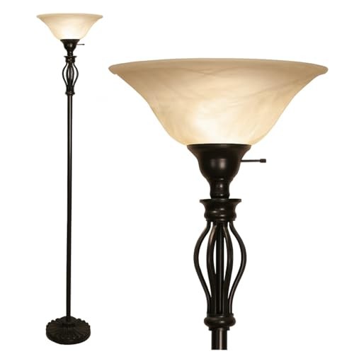  Floor Lamp with Glass Alabaster Swirl Amber Shade - Elegant Home Decor Bronze