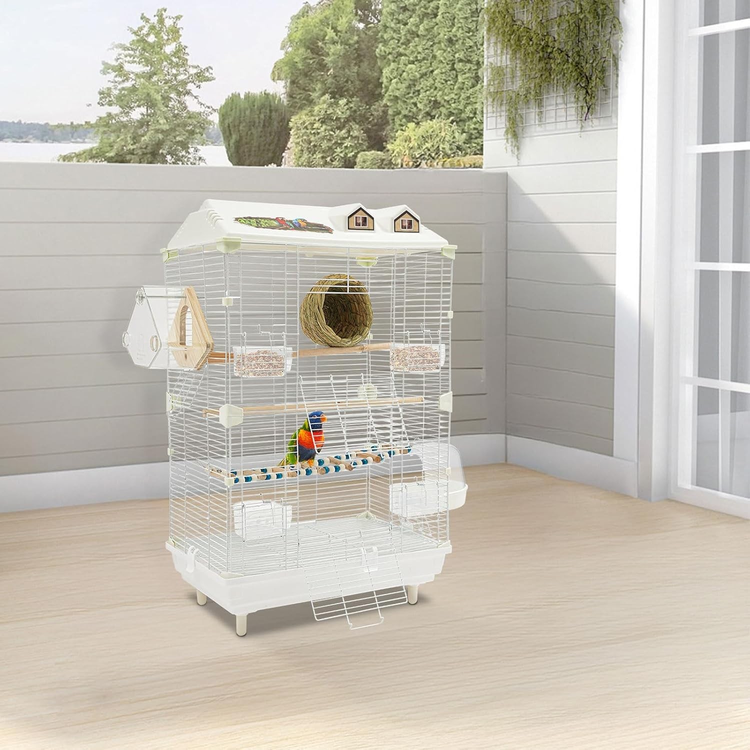 30" H 2-door Wrought Iron Bird Cage Parakeet Cage With Roof W/ladder & Nest