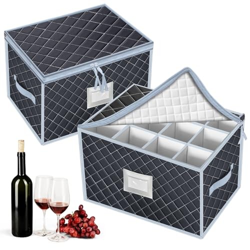  Wine Glass Storage Box with Dividers Grey 2 Pack Wine Glass Storage (Grey)