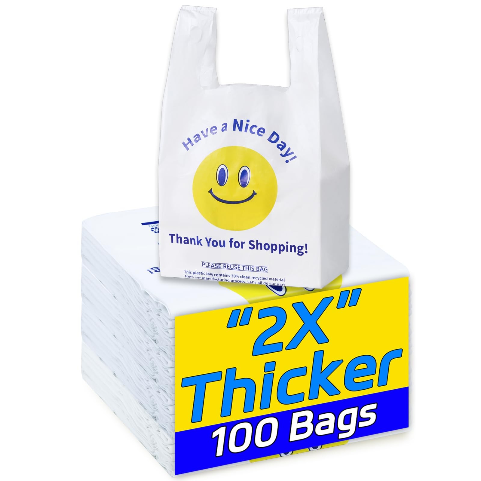 0.8Mil(20 Microns), 100 Count, Plastic Bags with Handles, T-Shirt bags, Thank...