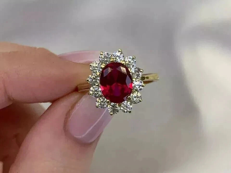 2.50CT Oval-Cut Ruby Lab Created Halo Engagement Ring 14K Yellow Gold Plated