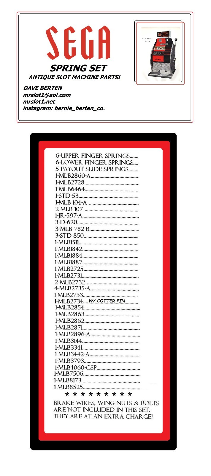 SEGA REPLACMENT SPRING SET SEGA ANTIQUE SLOT MACHINE MADE IN USA