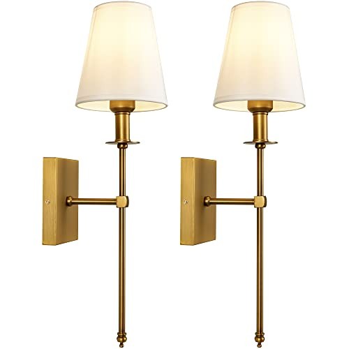 Modern Hardwired Wall Sconces Set of 2 Slim with White Fabric Antique Brass