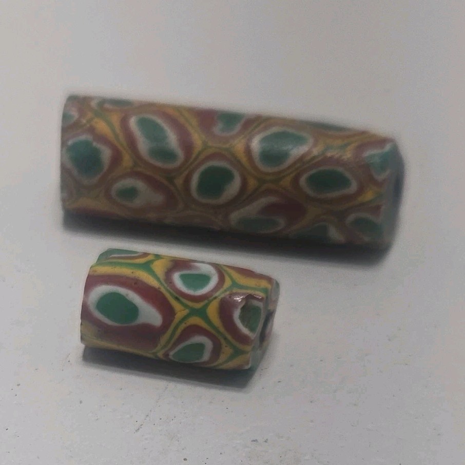 Venetian Chevron Handmade Glass Beads Set Yellow Green Red White Collectible