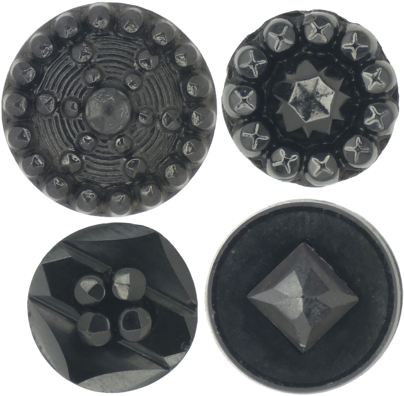 C1880 Antique Victorian Black Glass Starburst Cut Steel Rivet Button LOT 4