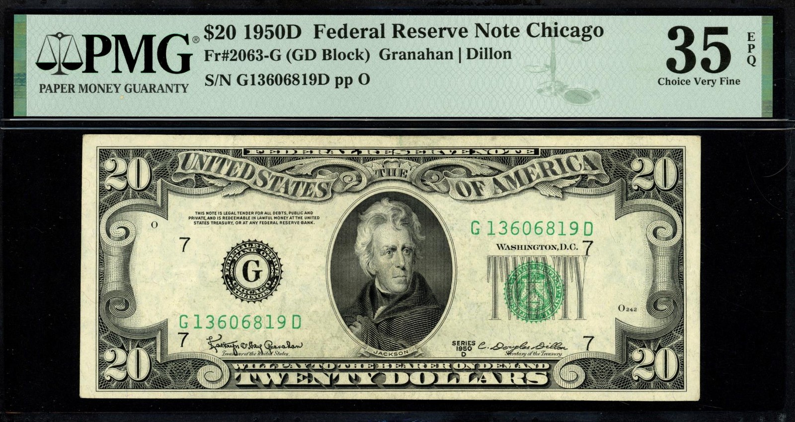 1950D $20 Federal Reserve Note Chicago Tough G-D Block - PMG Choice VF 35 EPQ
