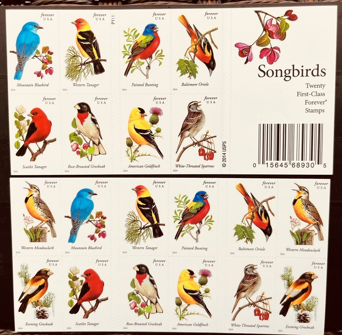 Replica of US Songbirds Booklet Pane of 20 Forever Stamps MNH Sc# 4882-4891