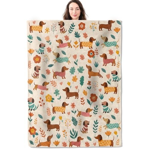Cute Throw Blanket, Colorful Sausage Dog Floral 60x50 Inch Dachshund Dog
