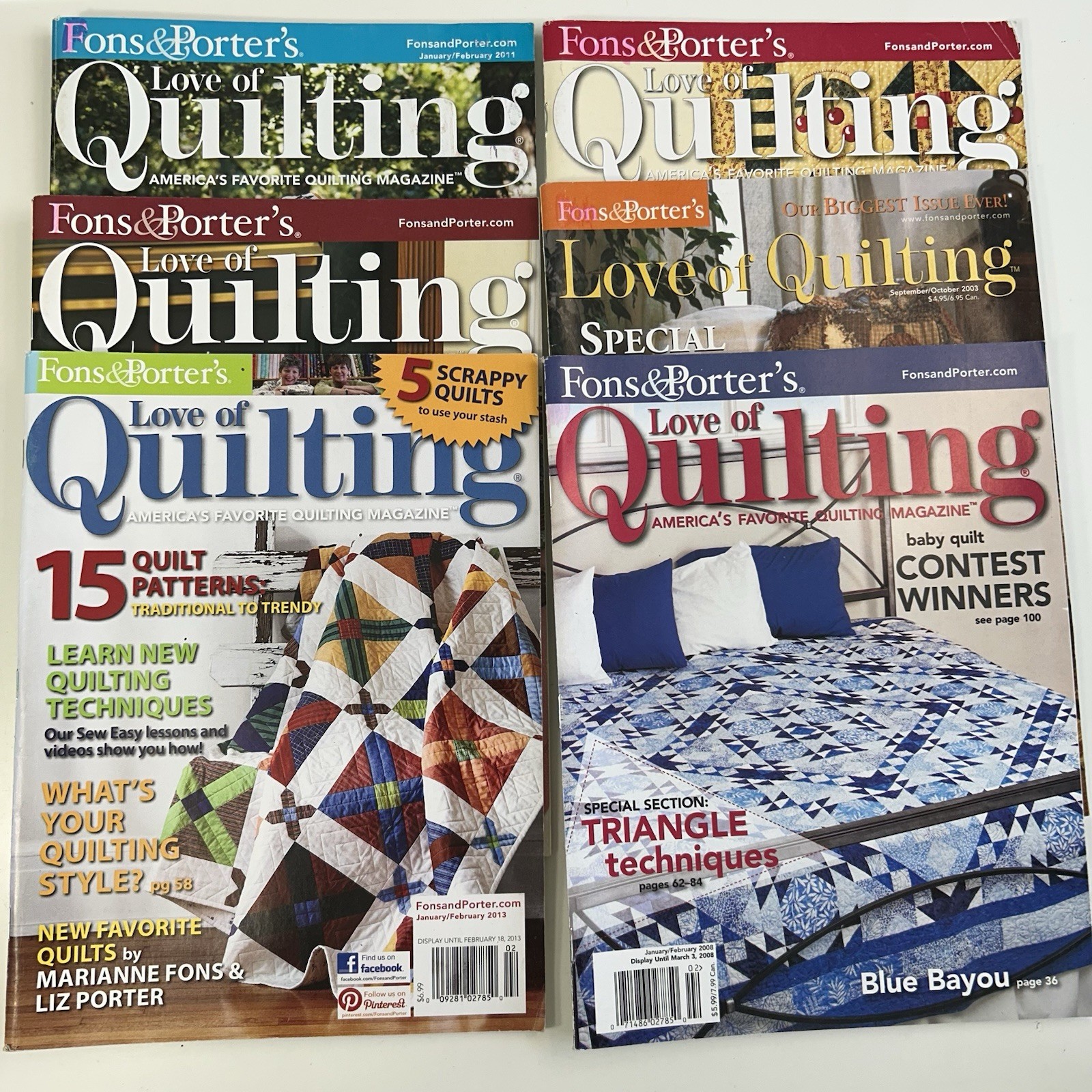 Fons and Porter's Love of Quilting Magazine LOT OF SIX 2003 2007 2008 2013 2014