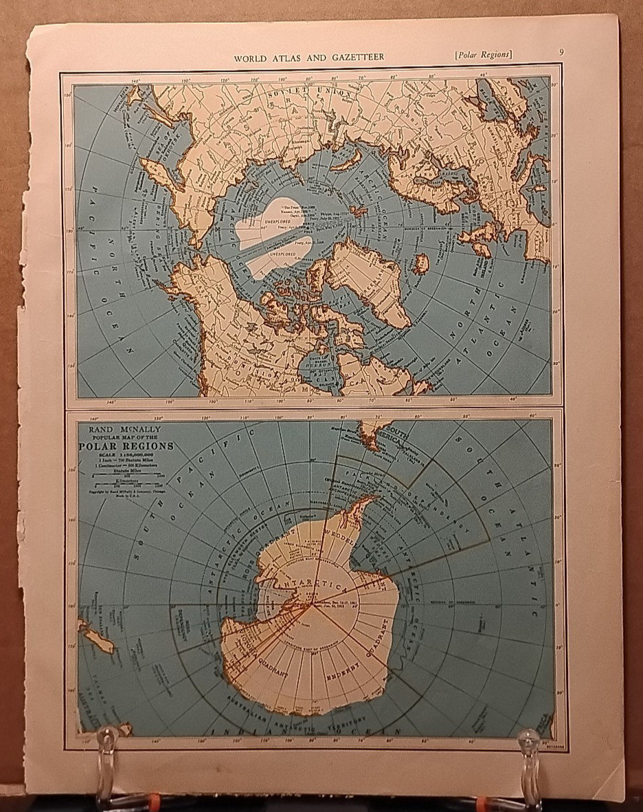 1940 Vintage POLAR REGIONS Map Antique from Collier's World Atlas & Gazetteer