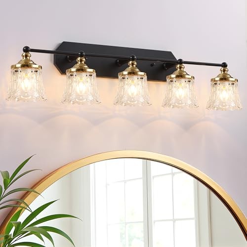 Vintage Bathroom Vanity Light Fixtures, Black and Gold 5-Light Vanity 5 Light