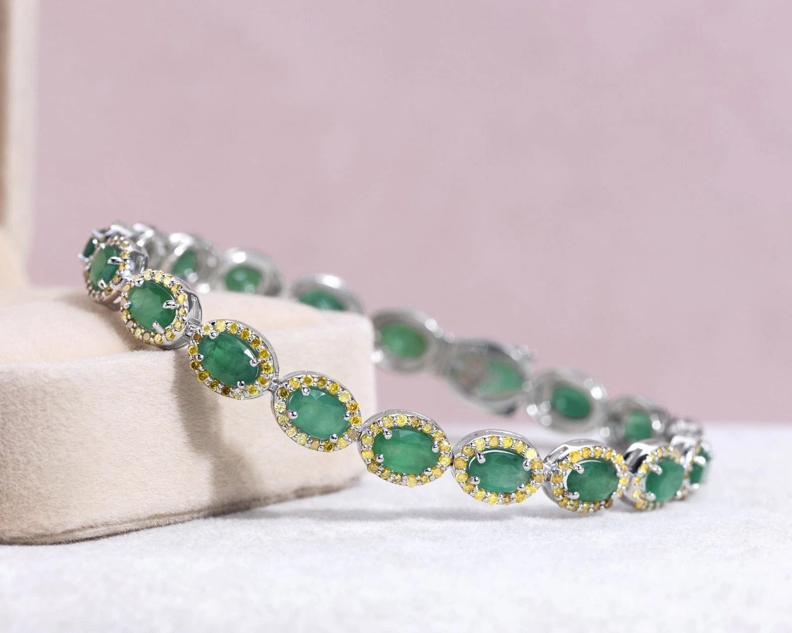 11.34 Ct Green Emerald & Vivid Yellow Diamond 14K White Gold Over 7.25" Bracelet
