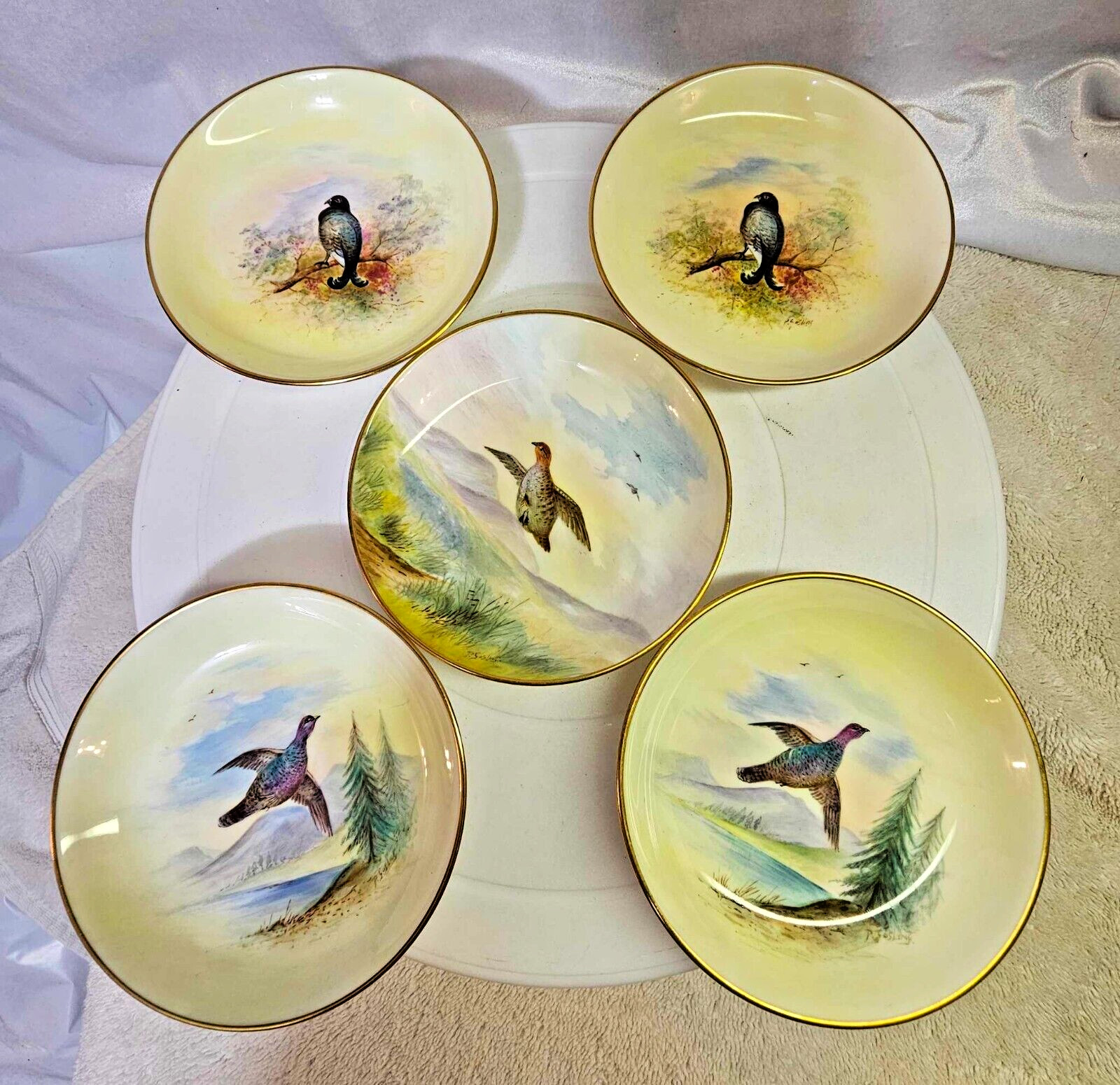 5 Minton Small Plate/Dish Bird Design Blackcock Capercaillie Partridge Porcelain