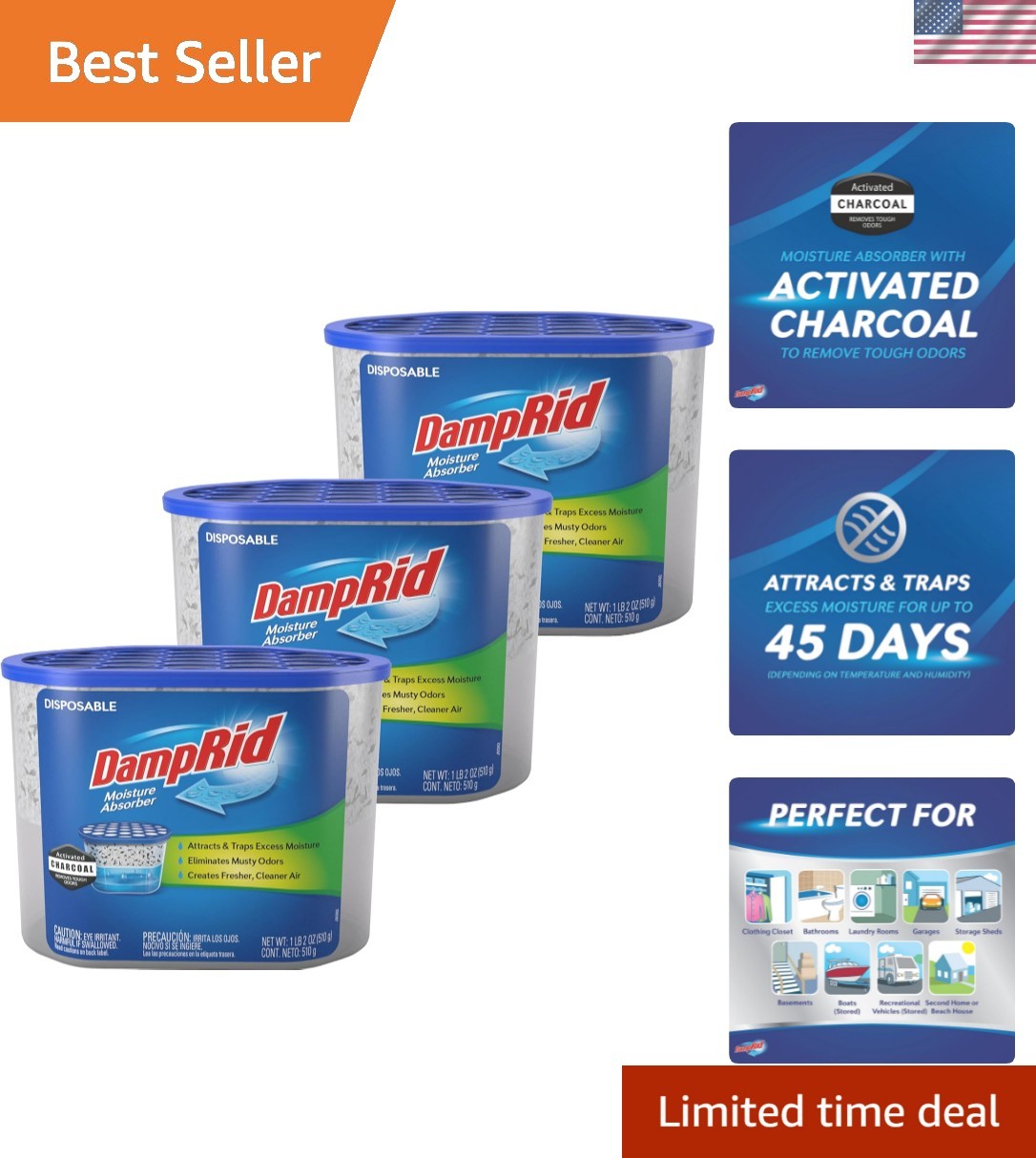 Fragrance Free Disposable Moisture Absorber with Activated Charcoal, 18 oz Pa...