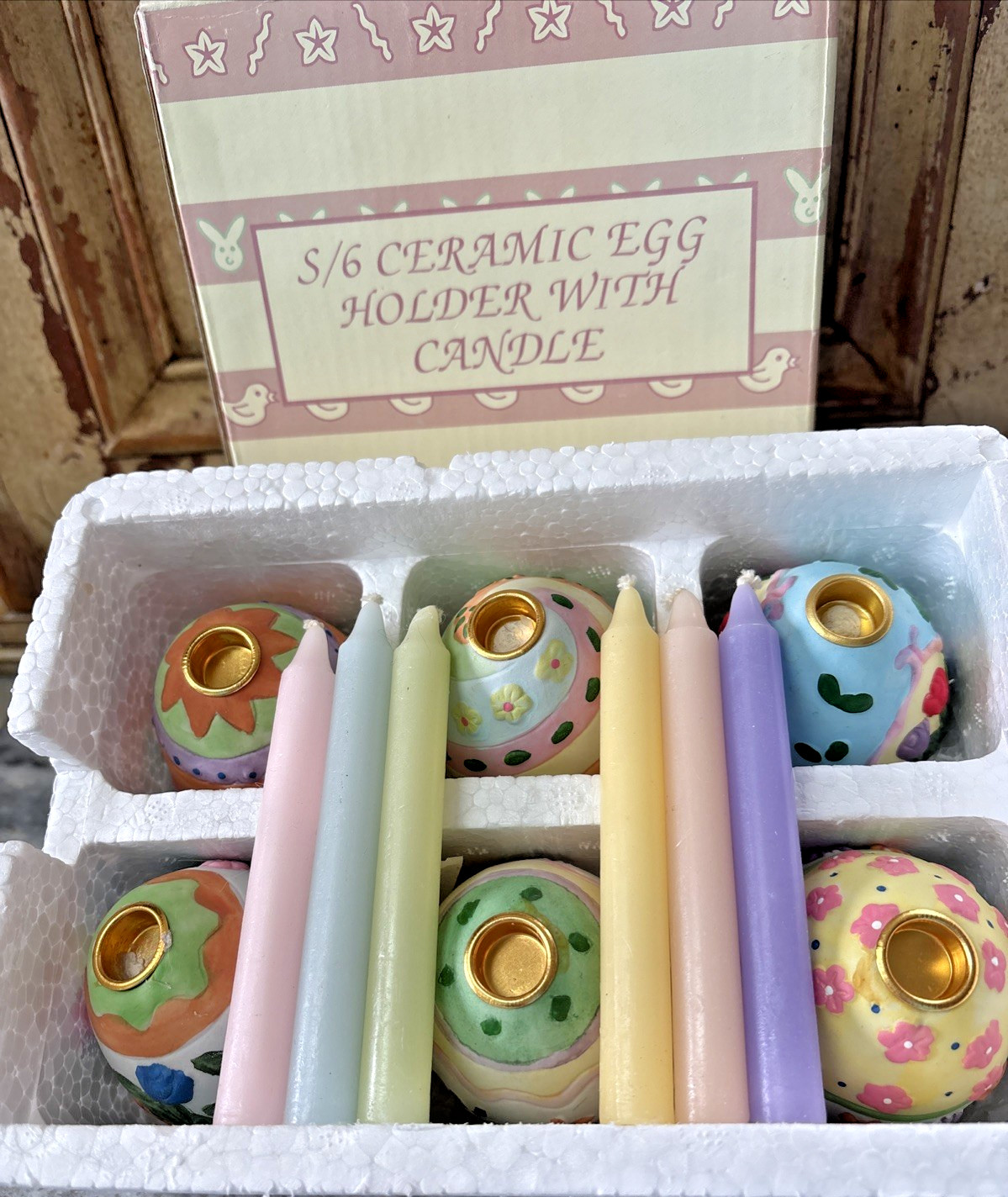 6 VTG Hand Painted Ceramic Easter Egg Mini Candlestick Holders with Candles