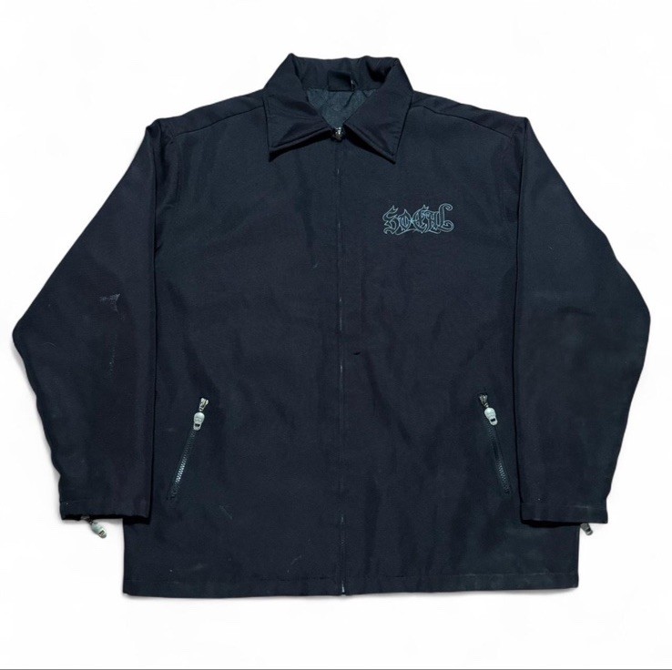 SOCIAL Black Coach Jacket Full Zip Embroidered Logo Collared Mid-Length Men's