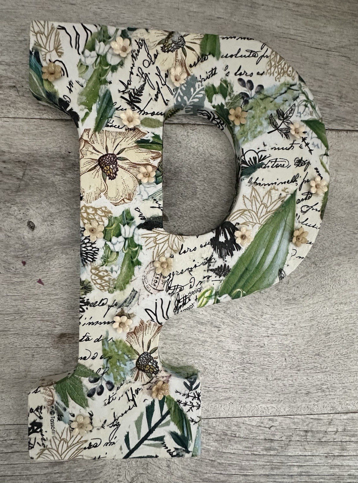 Letter monogram “P” Wall Art, Decoupage Florals, botanicals, cream & greens 9”