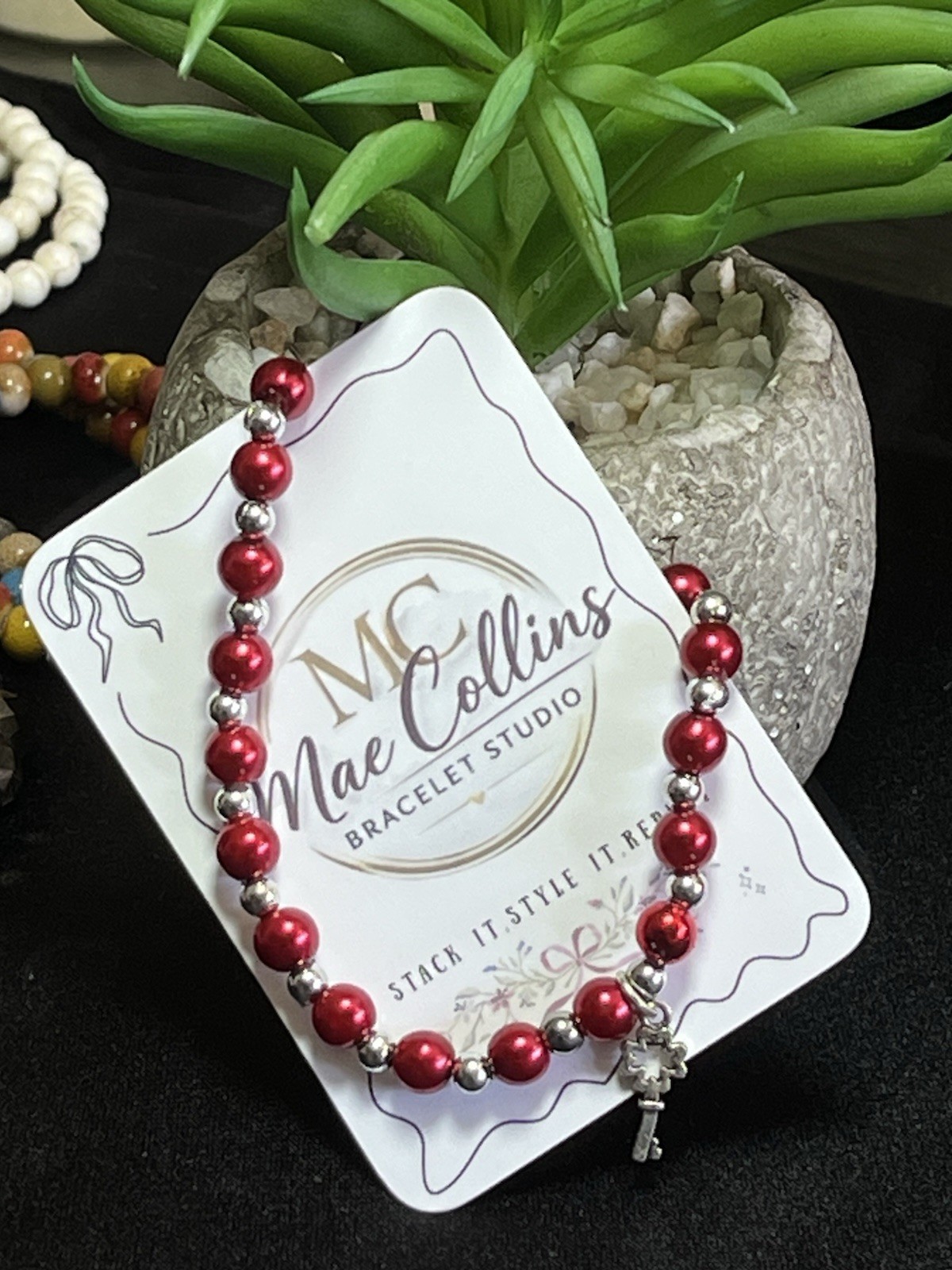 Mae Collins Beaded Stackable Bracelet Red Silver Round Dangle Key Charm Women