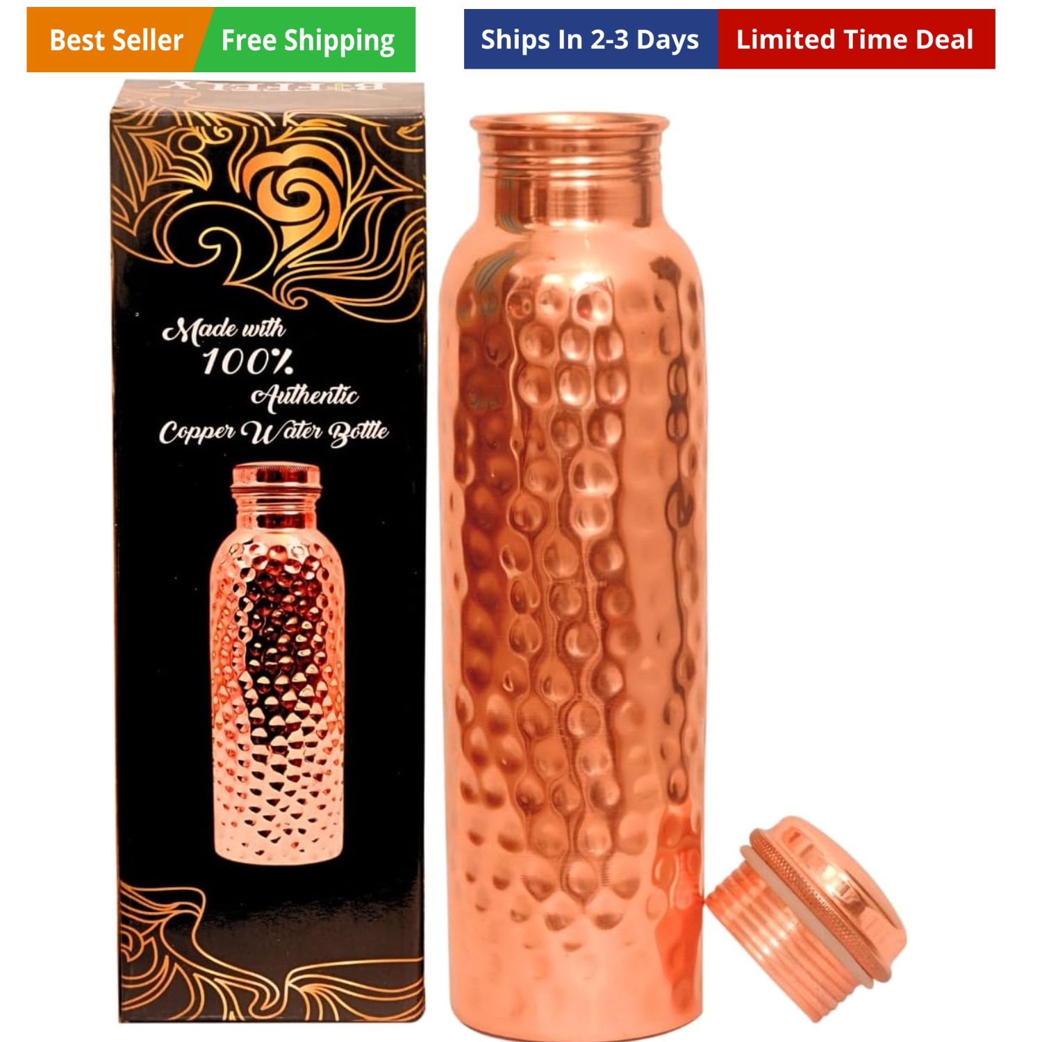 Copper Water Bottle - 34oz - Handcrafted Ayurvedic 100% Pure Copper Water Bot...