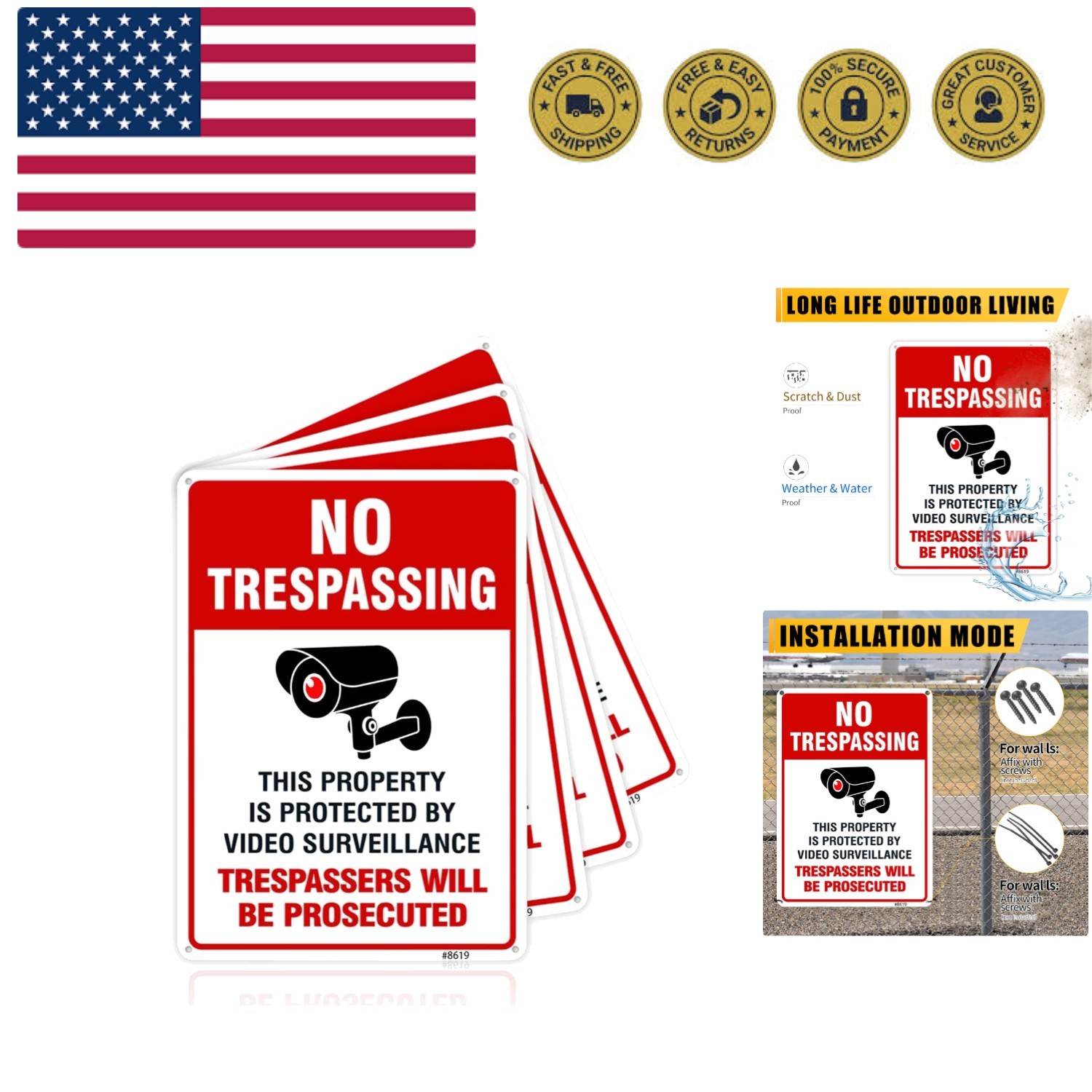 Video Surveillance & No Trespassing Sign Set - 4 Pack, Red & White Aluminum S...