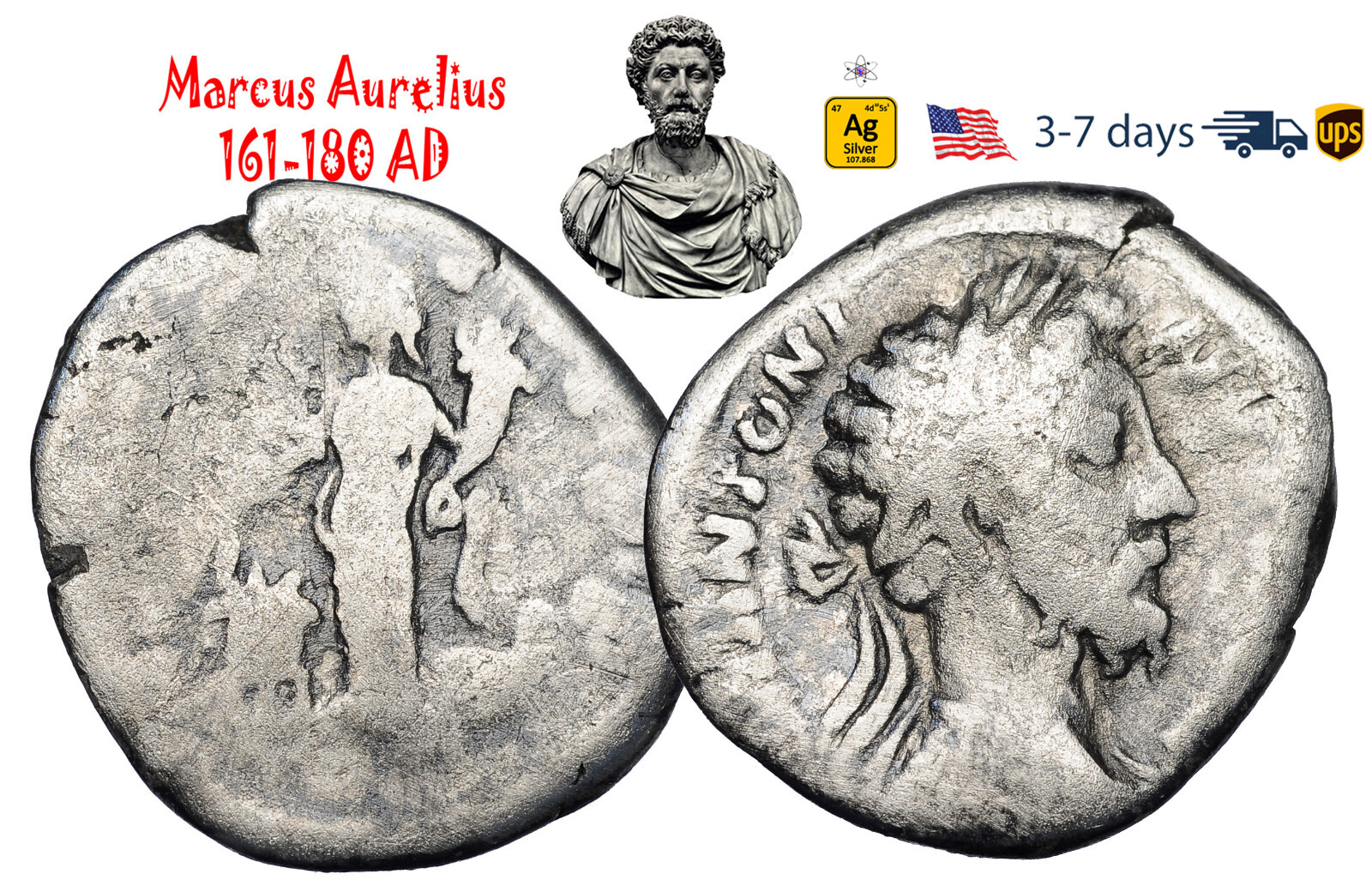 Ancient Roman Empire Coin Silver Denarius Marcus Aurelius 161 180 AD #33376
