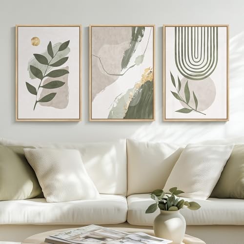 Large Framed Boho Sage Green Abstract Wall Art 24" H x 16" W x 3Pcs Green Gold